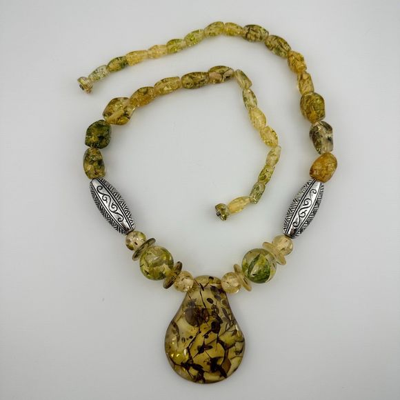 Chunky Vintage Confetti Lucite Faux Amber Graduated Bead Necklace 15" Retro MCM - Picture 5 of 14